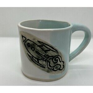 Stoneware Ceramic Mug Studio Pottery Signed Spaceship Design